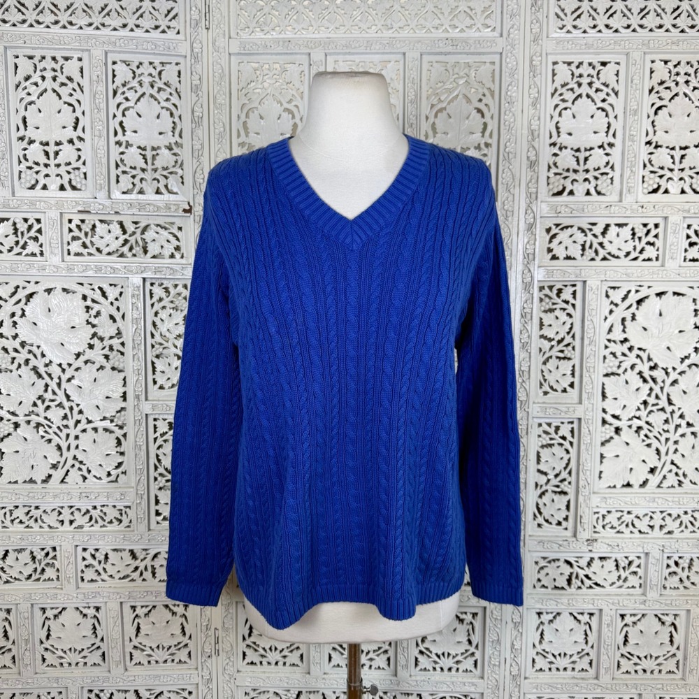 Orvis Blue Cable Knit Fisherman V Neck Sweater Womens Medium Chunky Cotton